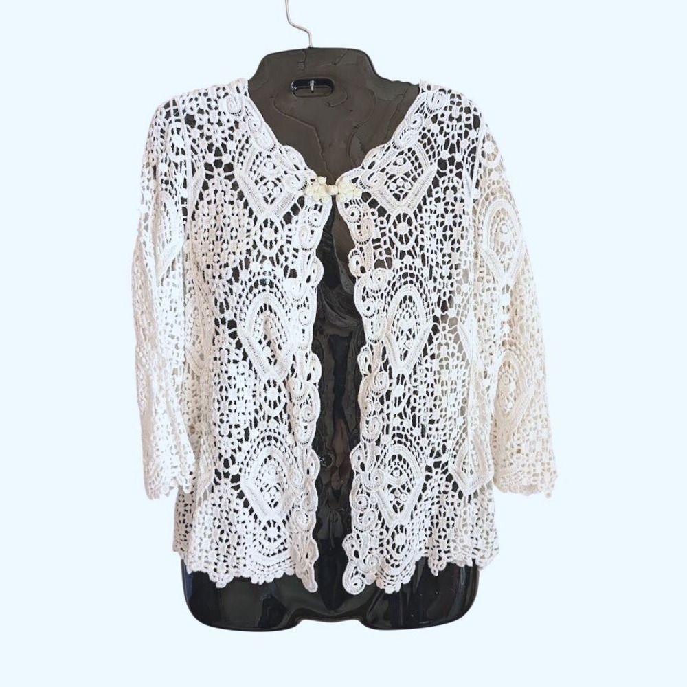 Crochet Lace Cardigan Womens S Romantic Cottagecore Poet Boho Layer Frog Toggle